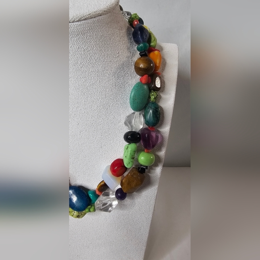 ​Chunky Multi-Gemstone Necklace & Bracelet Set Two Strand Turquoise Jasper Agate - Picture 3 of 9